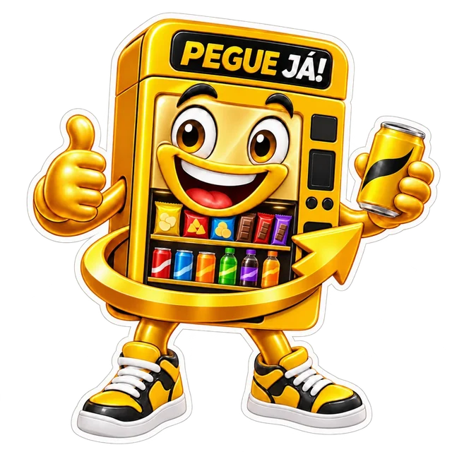 Mascote dourado Pegue Já, sorrindo, com prateleiras de snacks e bebidas